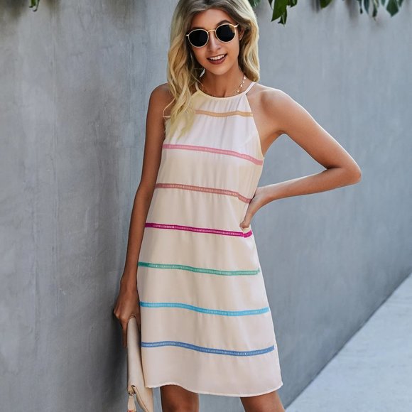 Dresses & Skirts - Women Halter Neck Sleeveless Striped Solid Loose Fit Tunic Short Dress